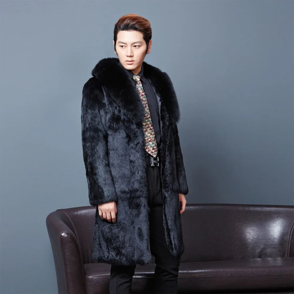 Real man genunie natural rabbit fur coat with big fox fur collar men fashion long jacket warm winter custom any size