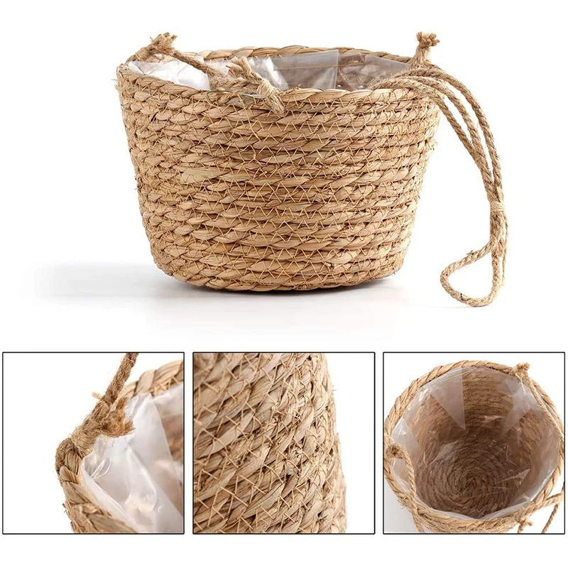 Hanging Planter Straw Rope Woven Wall Hanging Plant Storage Basket Flower Pot Hanger For Wall Decoration Countyard Garden
