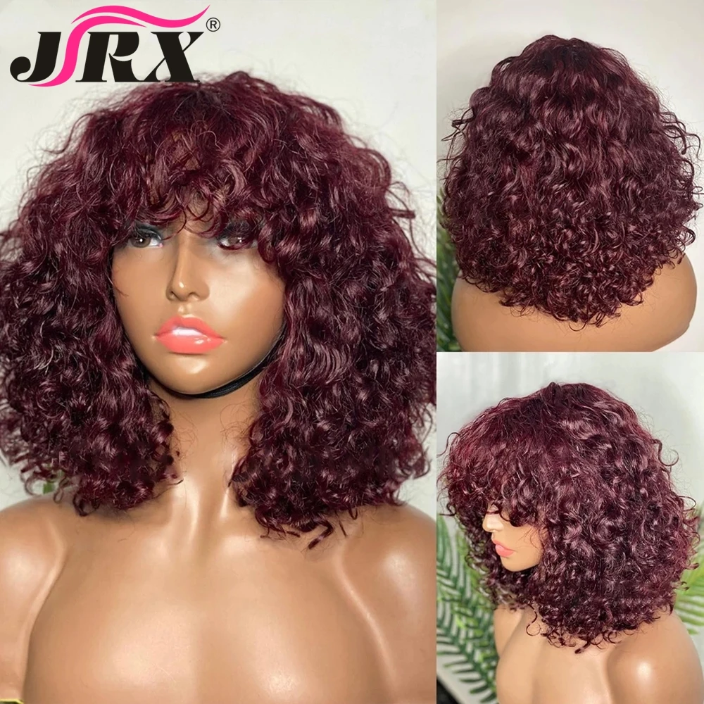 

Highlights Blonde ColorFull Machine Made Fringe Short Curly Bob Wig 99J Peruvian Remy Hair Water Wave Human Hair Wigs with Bangs