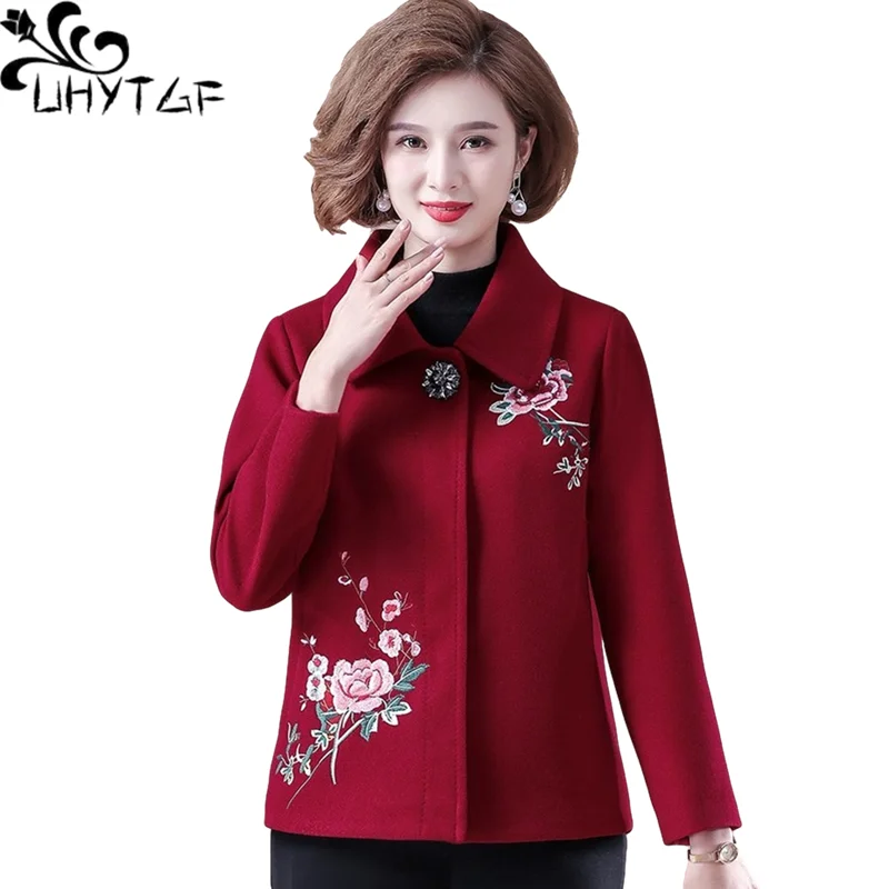 UHYTGF Women's Coat Fashion Embroidered Mother Spring Autumn Woolen Jacket Wild Loose Big Size Outerwear Casual Short Tops 1256