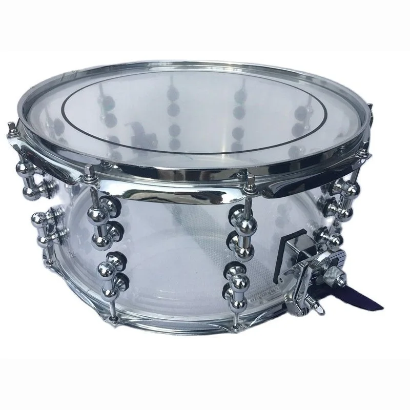 14 Inch Diameter 6.5 Inch Depth Acrylic Snare Drum Transparent with Silver Color 2mm Iron Hoop and Metal One Side Drum Lug