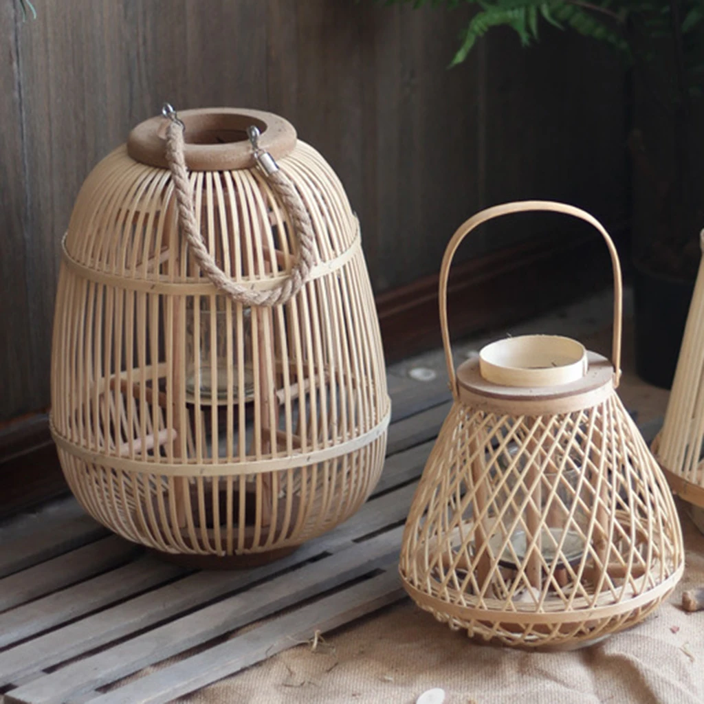 Vintage Style Bamboo Rattan Lantern Hand Woven Hollow Candlestick Candle Holder Stand Crafts for Weddings Parties Patio Events