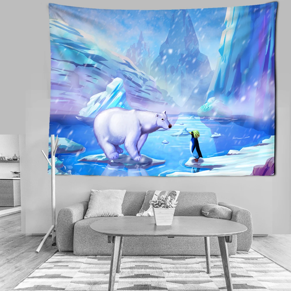 Polar bear Penguin Wall Tapestry Cartoon  Iceberg Wall Tapestries Blue Sky  Landscape Psychedelic Wall Cloth