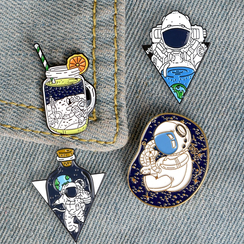 Astronaut Universe Enamel Pin Summer Drinks Planets Baby Infant Spaceman Badge Space Lover Gift Outerspace Jewelry Brooch Pins