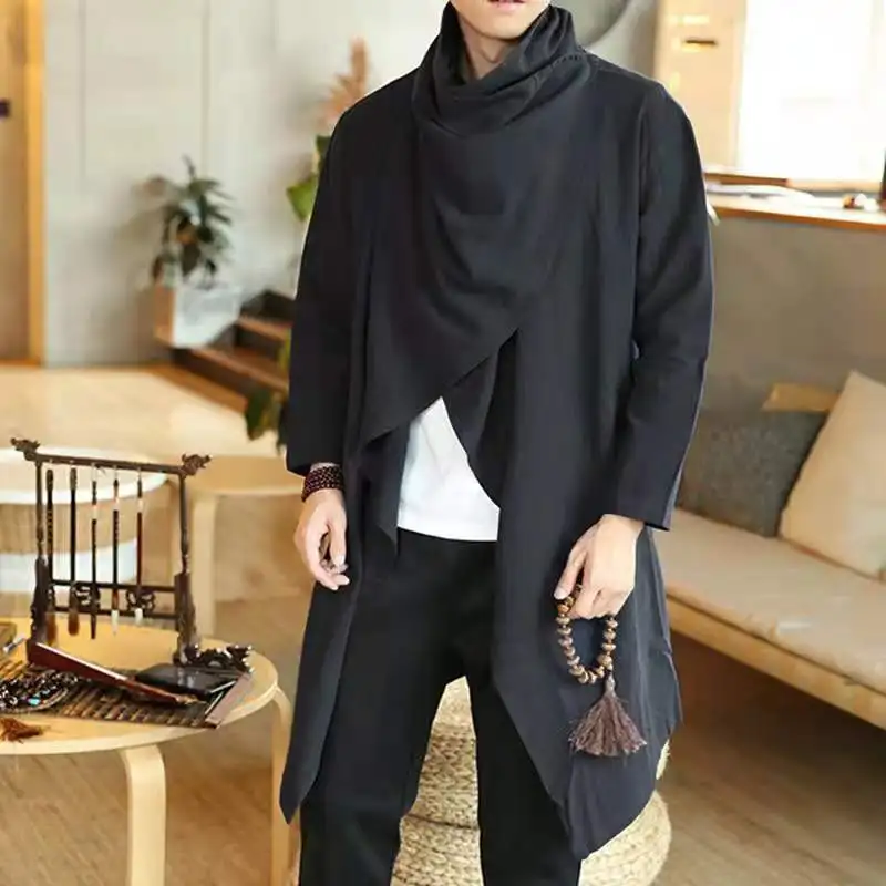 Vintage Ponchos Men Irregular Cardigan Coats Long Sleeve Scarf Collar Trench Cotton Outwear Solid Cloak Jackets Men Streetwear