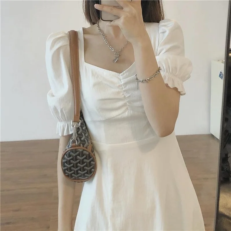 여성용 스퀘어 칼라 드레스, 홀리데이 레이디 선드레스, 사이드 슬릿 디자인, 순수 여름 섹시 패션, 빈티지 프렌치 스타일, 심플한 하이웨이스트