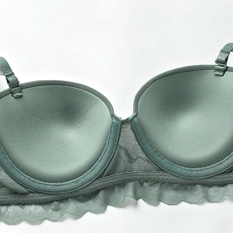 Sexy Linerie Set Balconette Strapless Bra Push Up Padded Cup Underwire Ruffle Straps Lace Trim Sage Green Women\'s Underwear Set