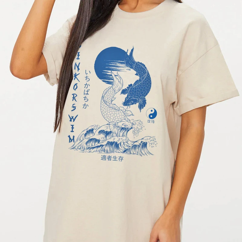 

Yin Yang Koi Fish Print Japanese Style T-Shirt Women's Vintage Fashion Harajuku Style Streetwear Tee Oversized Aesthetic Tee