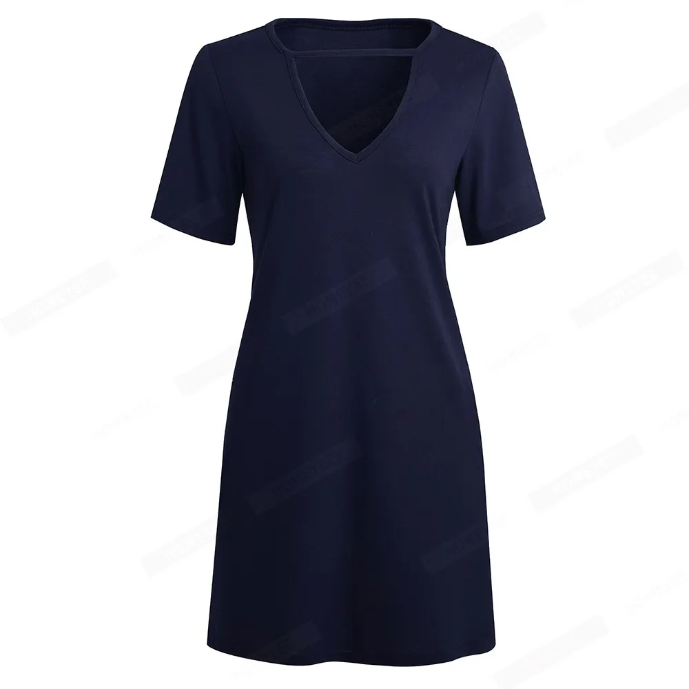 Women Summer Classy Solid Color Hollow Out Casual Holiday Shift T-Shirt Dress EB703