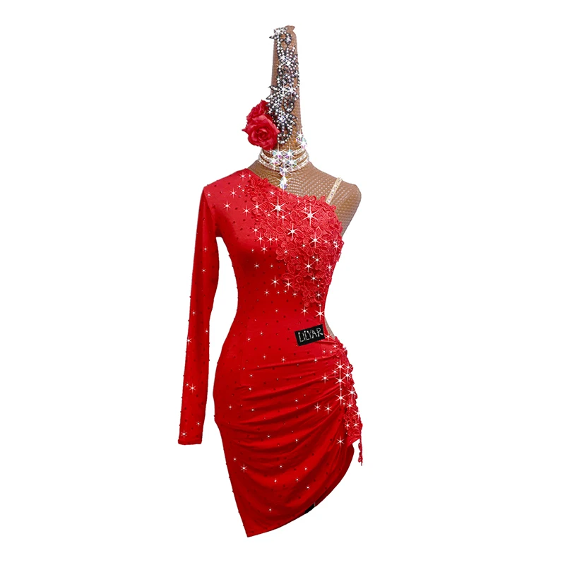 New Latin dance dress competition dress dress dress performance Dress Adult custom red embroidered Dance Dress