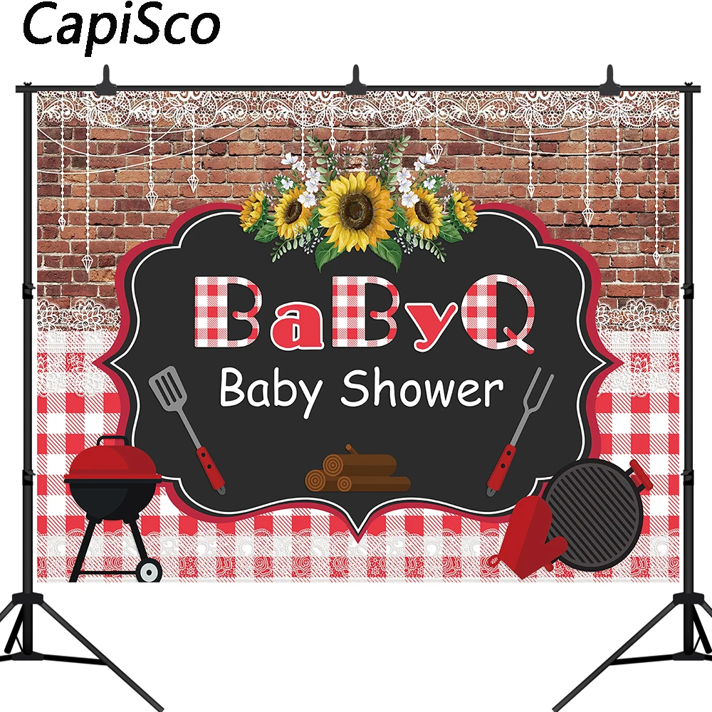 

Capisco BBQ Baby Shower photography Backdrop Country Rustic Sunflower String Lights brick Photo Background Decorations Supplies