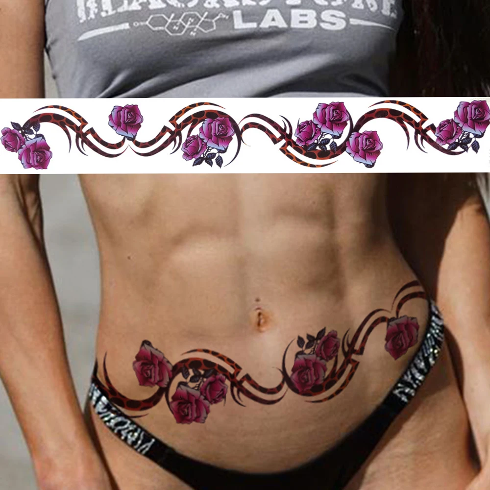 Unique Waist Line Art Temporary Tattoos For Women Fake Body Art Tattoo Realistic Butterfly Flower Thorns Tatoos For Party Beach