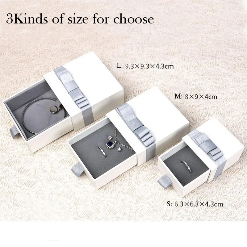 Gray Bow Drawer Jewelry box 4 Size Hard Paper Ring Earring Display Boxes  jewelry organizer box Engagement for bracelet pendant