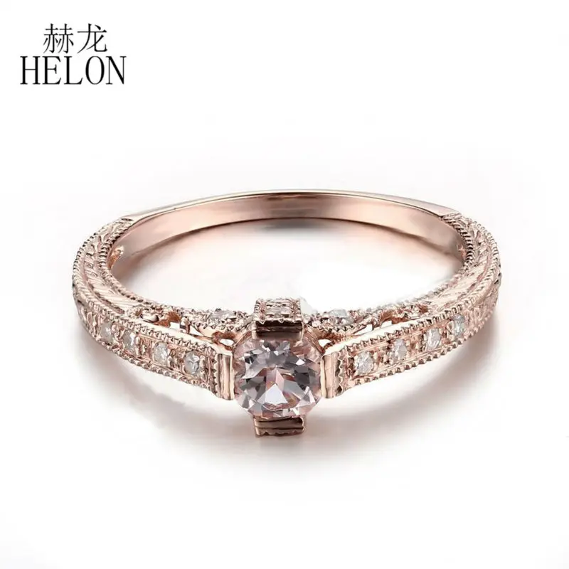 

HELON Solid 14K Rose Gold Round 5.5mm Natural Morganite Diamonds Vintage Trendy Fine Jewelry Engagement Wedding Gemstone Ring