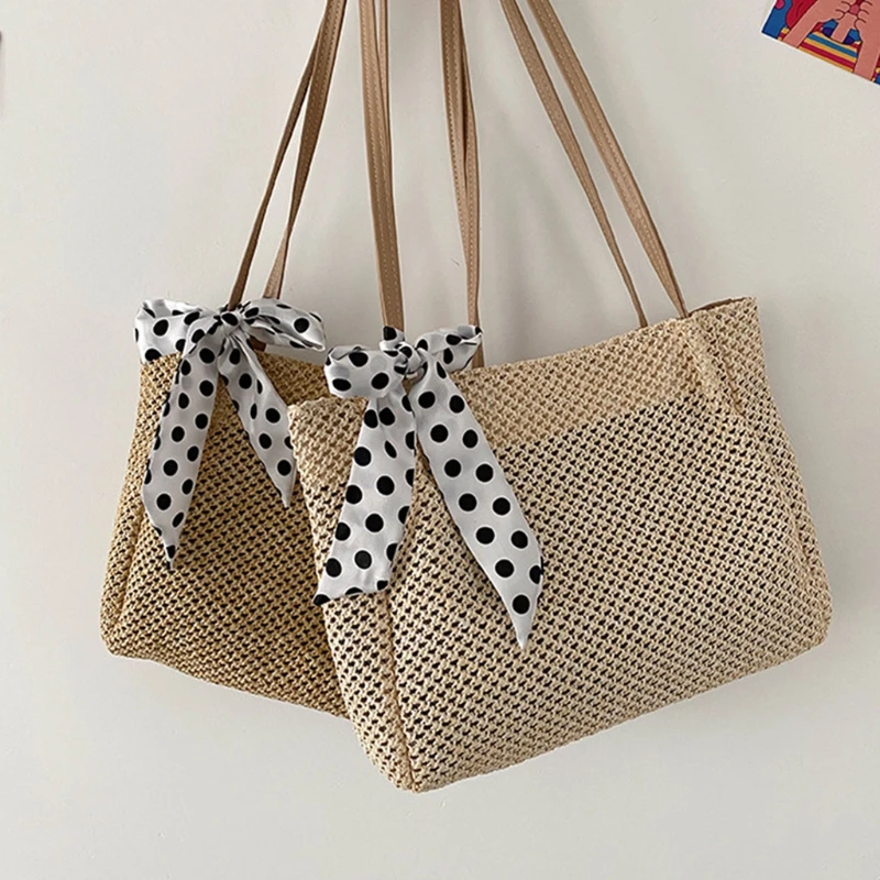 Silk Scarf Women Straw Woven Tote Shoulder Bag Casual Weaving Shoulder Bag Large Capacity Travel Shopping Tote Bag Handbag