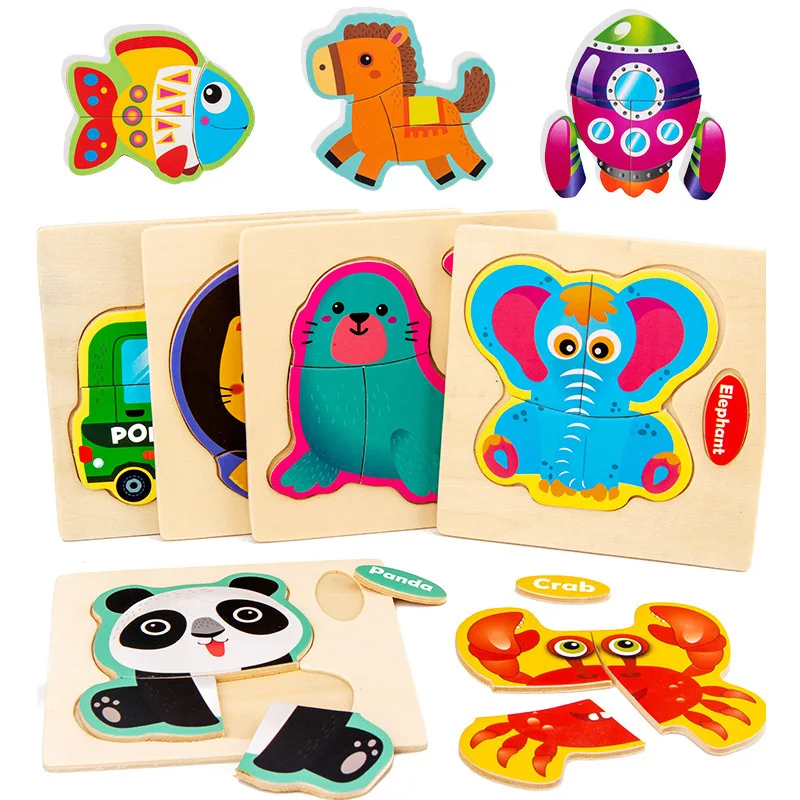 Baby Wooden Toys Intelligence 3D Puzzle Cartoon Animal Jigsaw Puzzle Kids Early Learning Educational Toys for children