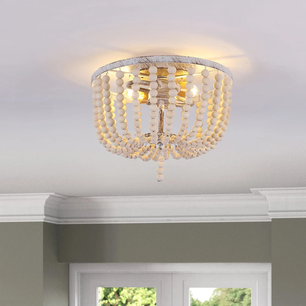 Retro White Ceiling Light for Bedroom Entrance Loft Homestay Indoor Lighting Vintage 2 Lights Wooden Bead Chandelier