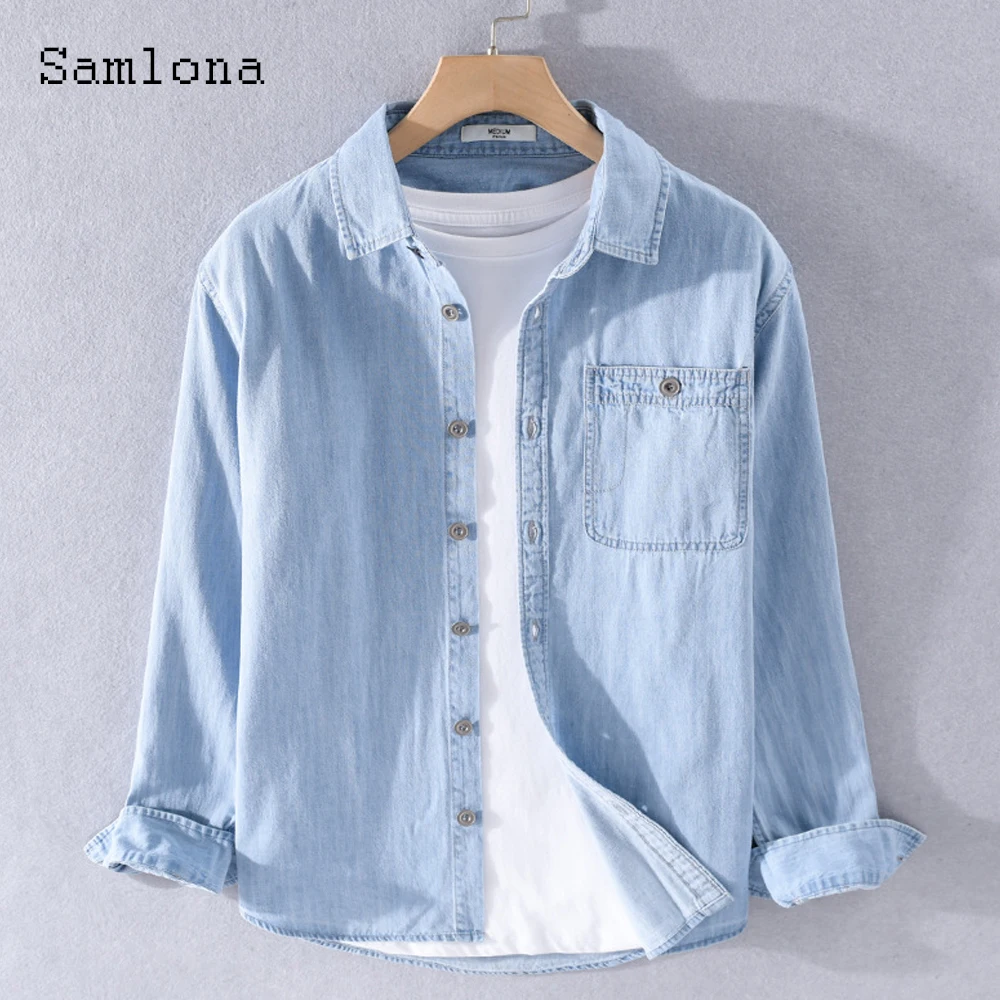 

Samlona Plus Size Mens Single-breasted Long Sleeve Shirt Demin Blue Top Sexy Men clothing 2024Spring Autumn Casual Shirt Blouse