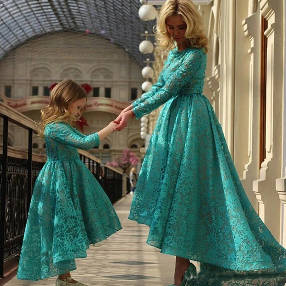 Vestidos verdes de baile, mãe e filha, 2020, vestido de noite muçulmano, curto, frente longa, renda, arábia saudita, longo, formal, vestido de festa