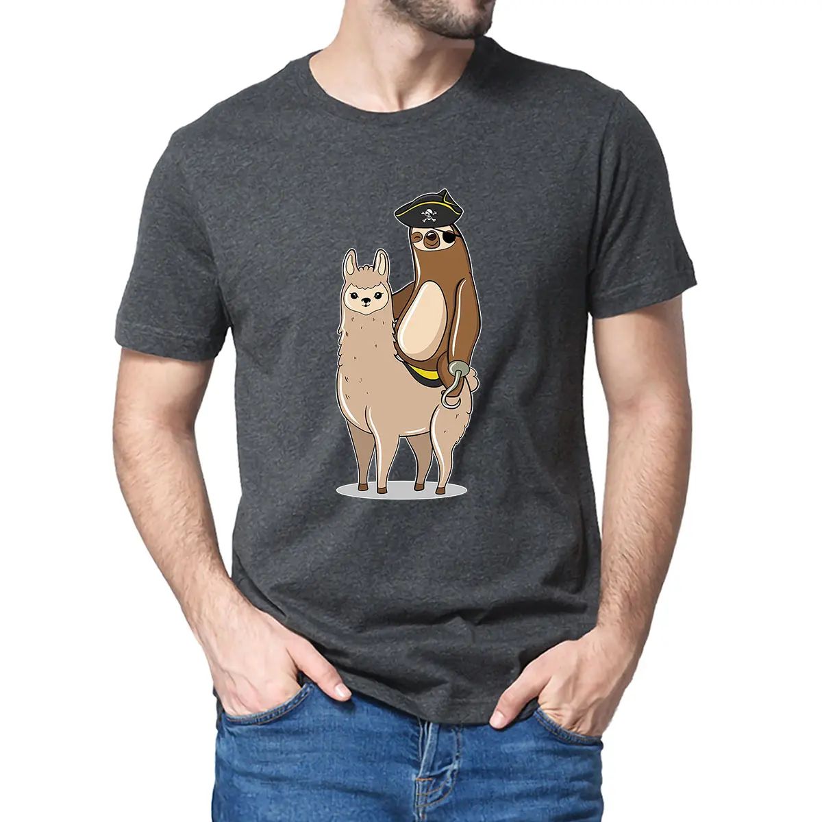 Summer Pirate Sloth Riding Llama Funny Sloth Men's 100% Cotton Short Sleeve Novelty T-Shirt Fashion Women Top Tee Streetwear