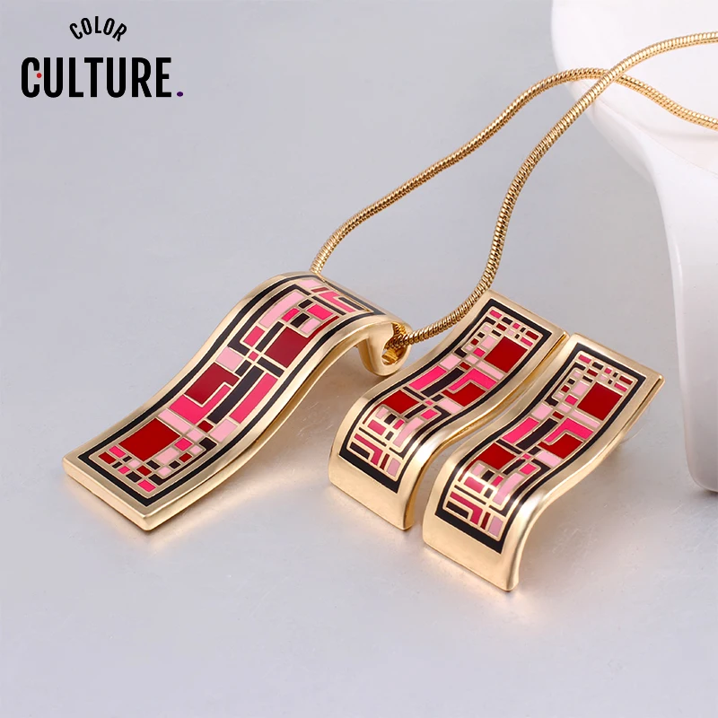 Color Culture New Arrival Dubai Gold Jewelry Sets for Women Red Elegant Classic Enamel Necklace Set  (Necklace, Earring)