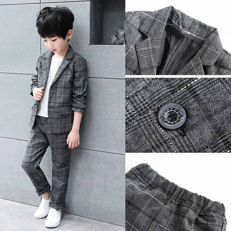 Autumn And Winter Boys Clothes Suit Plaid Lapel Formal Costumes  Long-Sleeved Suit Jacket + Trousers Fashion Kids Clothing 4-13Y