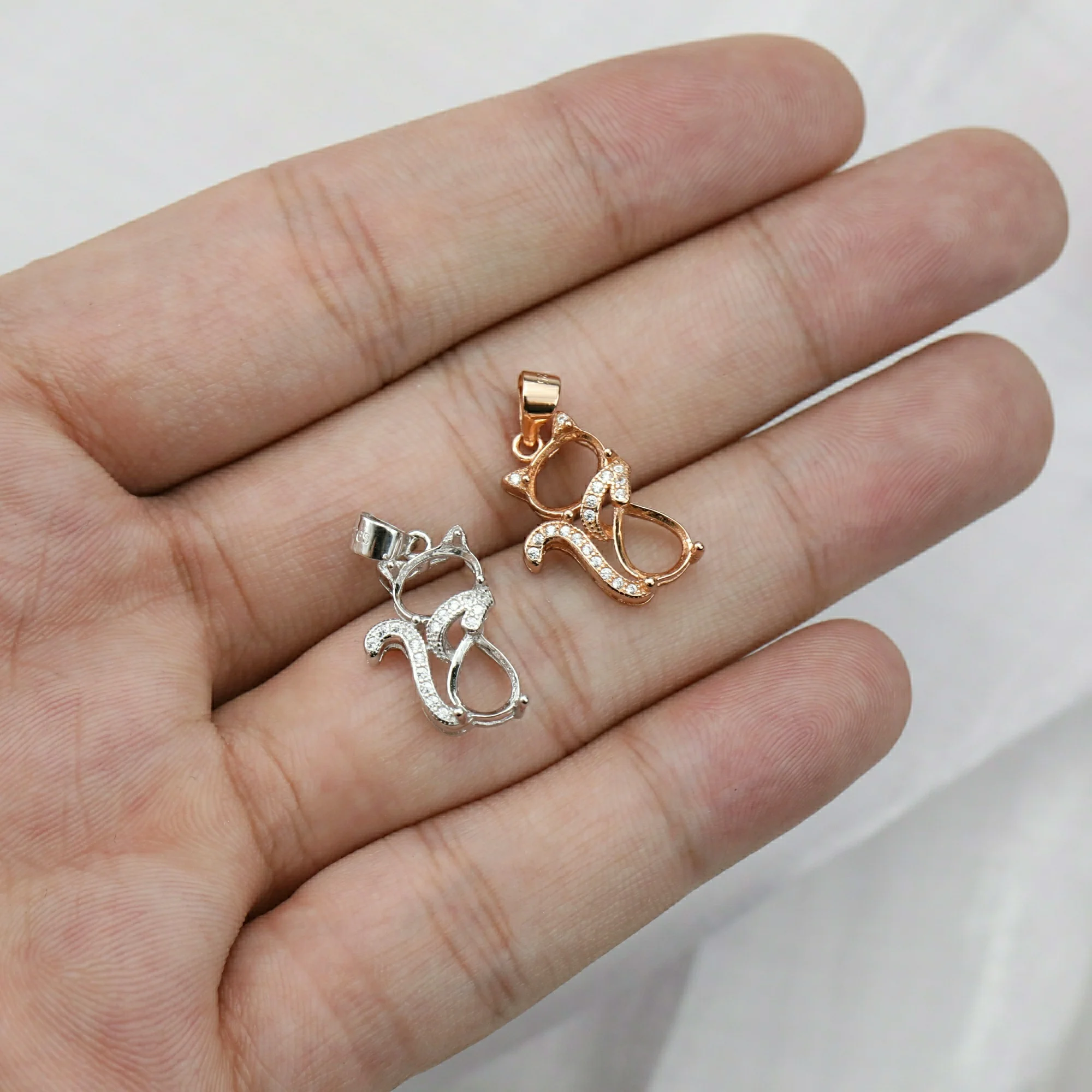 6x8MM Oval Prong Bezel Pendant Settings Rose Gold Plated Solid 925 Sterling Silver Kitty Cat Charm DIY Supplies 1421168