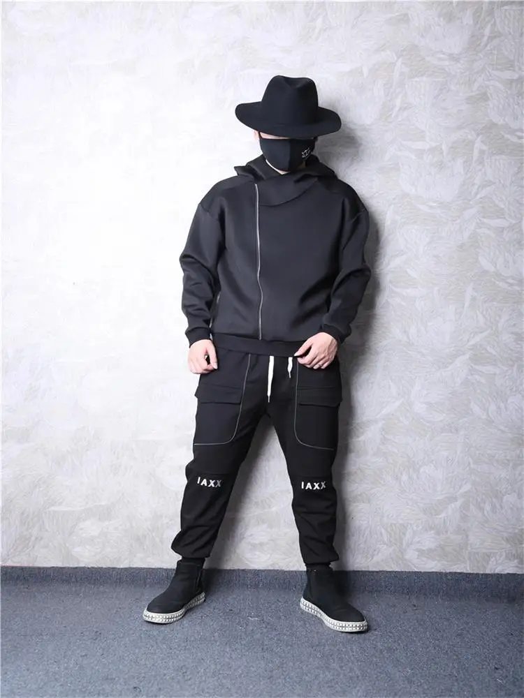 Men's Long Sleeve Hoodie Spring And Autumn New Nightclub Singer Dark Zipper Decoration Casual Loose Large Size Jacket