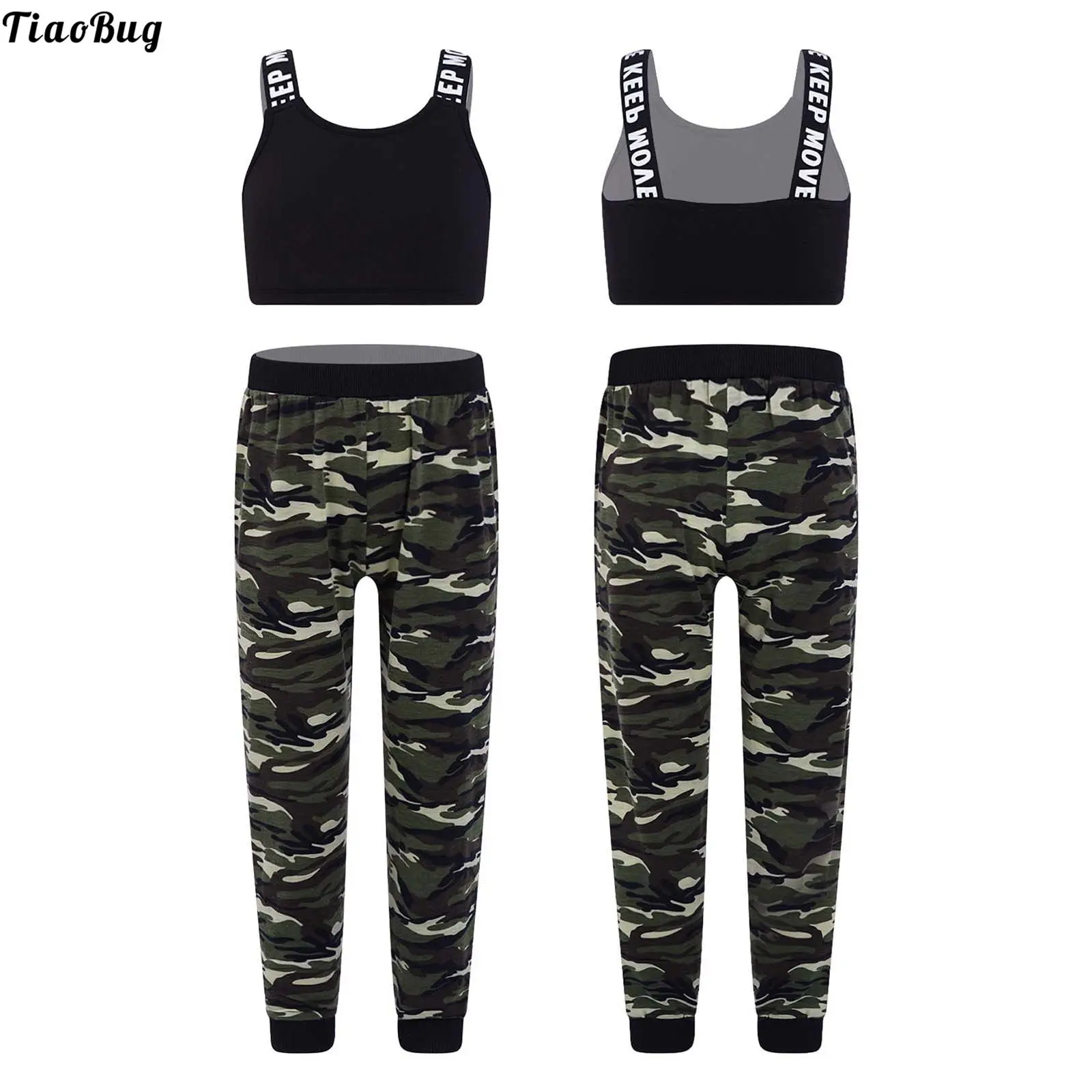 TiaoBug 2Pcs Kids Girls Sleeveless Wide Straps Crop Vest And Camouflage Print Pants Set For Workout Modern Dance Yoga Running