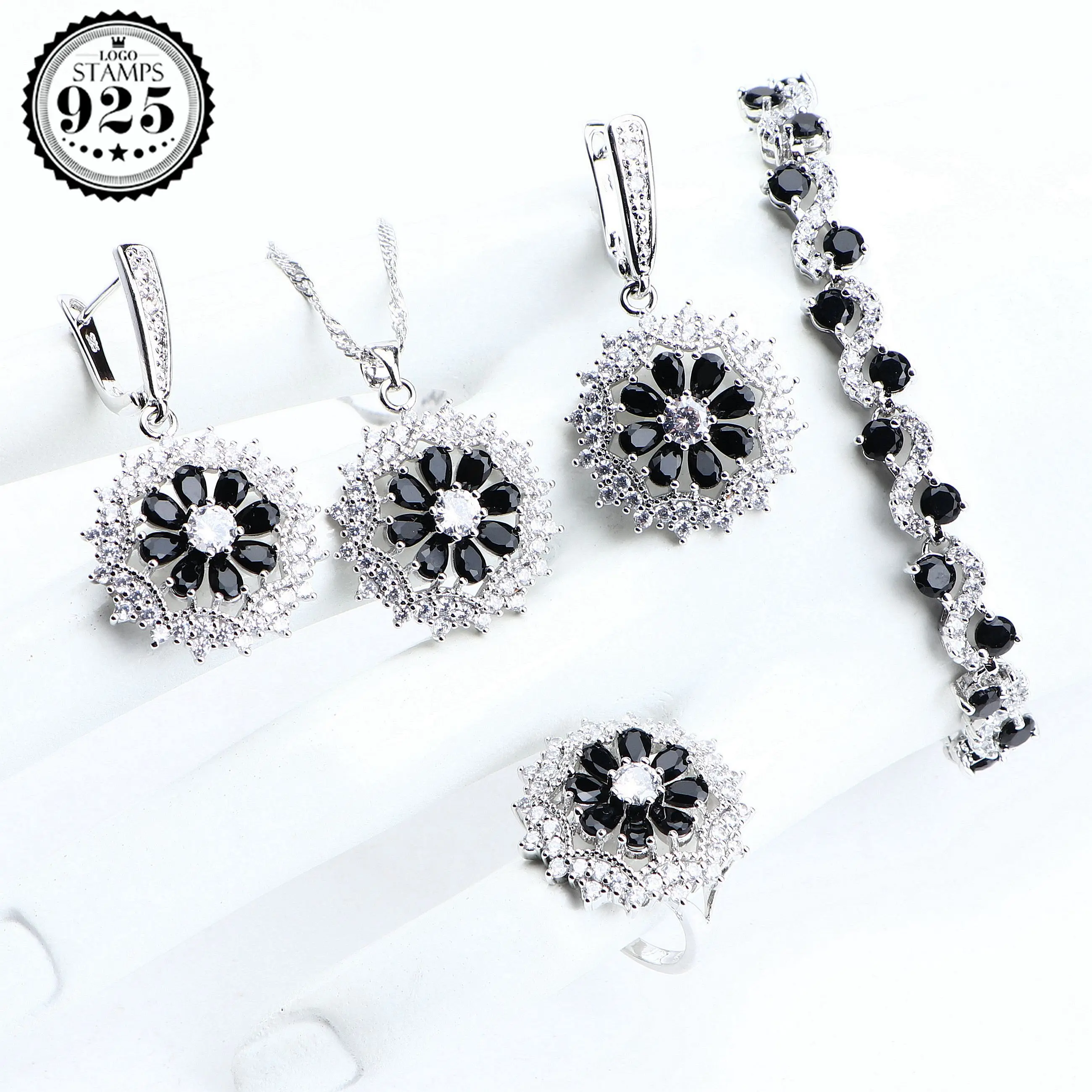 925 Sterling Silver Bridal Women Jewelry Sets Wedding Jewelry Black Cubic Zirconia Charms Bracelets Ring Pendan Necklace Set