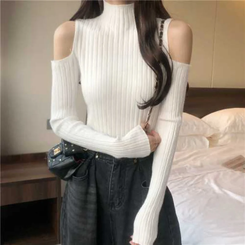 Sweater Women Turtleneck Off-shoulder sexy knit Orange short sweater 2020 Winter jumpers elegant solid Full slim pullover tops