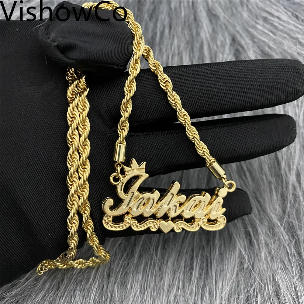 VishowCo Zircon Custom Name Necklace Double Gold plated Nameplate 3D Necklace Personalized Name Necklaces Gold Choker Women Gift