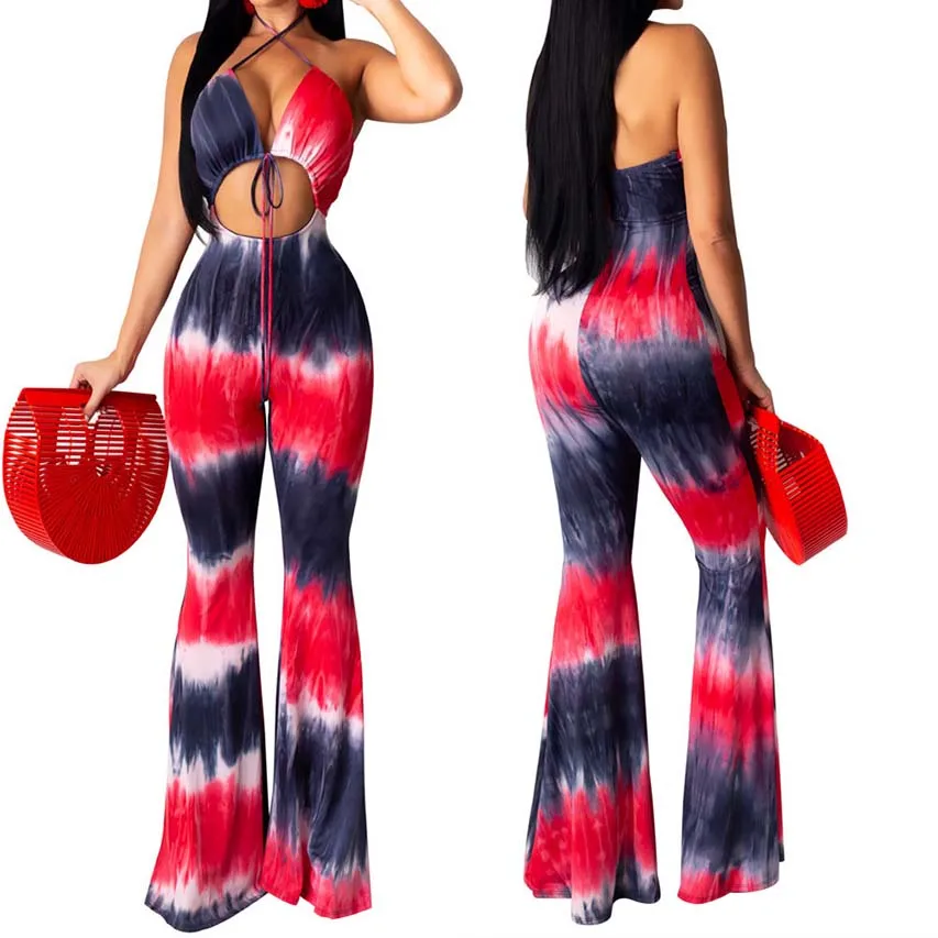 Women Summer Sexy Print Jumpsuits Rompers Gilr Casual Halter Print Lace Up Overalls Jumpsuit Sleeveless Slim Club Party Jumpsuit