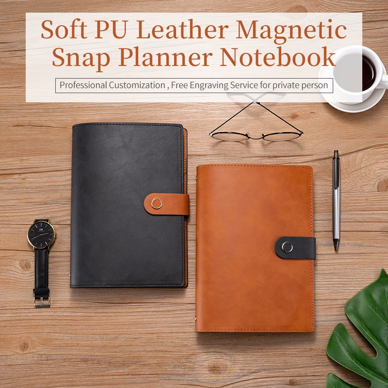 Customized Printing Logo Leather Journals Refillable Brown Business Notebook A5 Soft Cover Black Leather Binder Planner