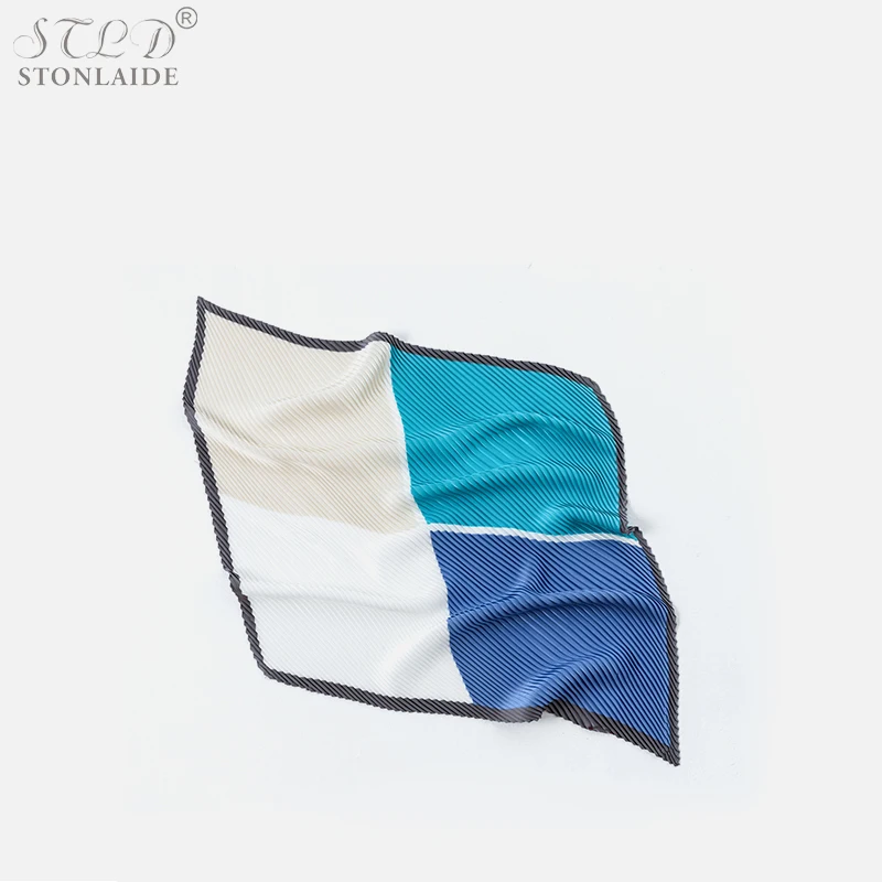 Classy Chic Fashion Color Matching Pleated Square Silk Scarf For Women Spring Ladies Scarves Kerchief Girl Neck Cover Bag Ribbon