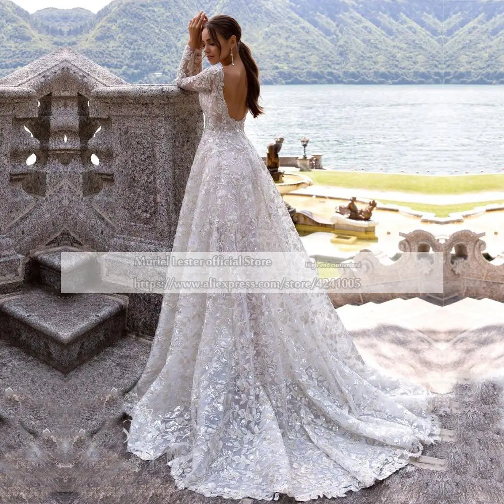 Luxo lantejoulas bordado uma linha boho vestido de casamento wd457 mangas compridas v pescoço vestido de noiva personalizado sem costas vestidos