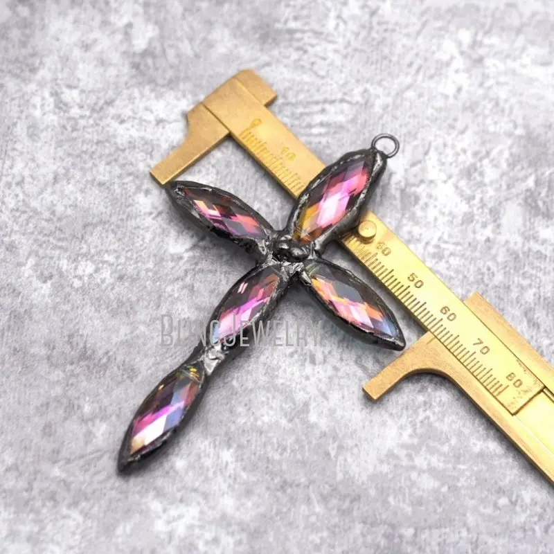 10pcs Molten Solder Crystal Fushia Marquise Black Cross Pendant Bohemian Charm Metalwork Altered Art Jewelry Supply Findings