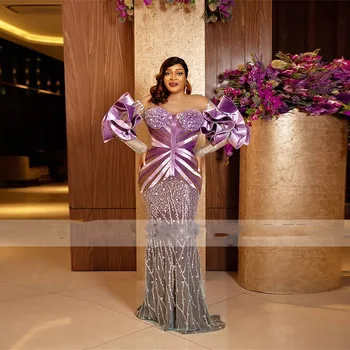 Aso Ebi شير الرقبة الكشكشة طويلة الأكمام فساتين السهرة الترتر مطرز حورية البحر فساتين لحضور الحفلات الموسيقية المملكة العربية السعودية المرأة فستان الحفلات الرسمية