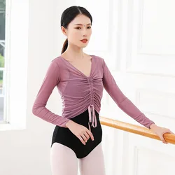 Pure color mesh Womens Ballet Wrap Lyrical Dancewear Crop Dancing Costumes Tops Ballet Dance Practice Clothes