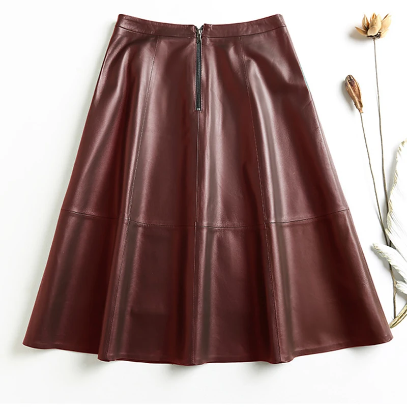 Vintage Ropa Winter Women Genuine Leather Thin A-line Pleated Skirts Femme Wine Red/Black 65cm Long Jupe Mujer Casual Etek Steet