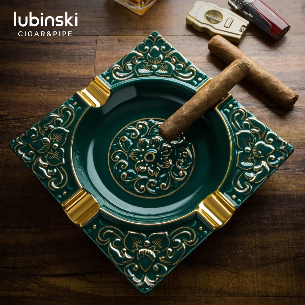 LUBINSKI Luxury Ceramic Outdoor Use Carving Cigar Ashtray 4 Rest Cigars Holder  With Gift Box