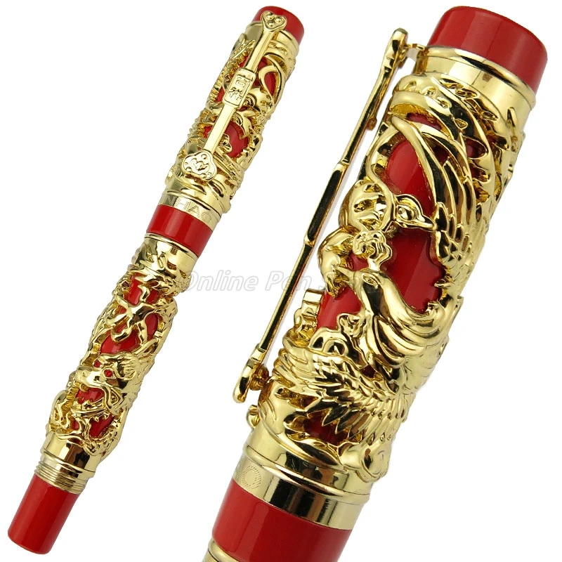 Jinhao Vintage Metal Carving Embossing Dragon And Phoenix Heavy Roller Ball Pen Gold Trim Professional Office Stationery