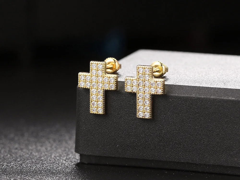 Hip-Hop Kristall-Kreuz-Ohrstecker für Männer und Frauen, Iced-Out Gewindeohrring, Luxus-Modeschmuck, Punk-Rock-Accessoires OHE103 – Detail 6
