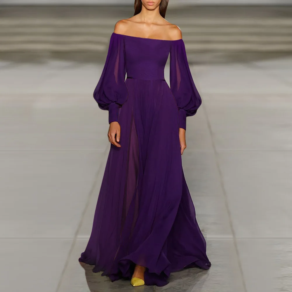 

Autumn Off-shoulder Sexy Ladies Dress Lantern Sleeve Solid Color Party Gowns Noble Hot Sale Dresses For Women Africaine Femme