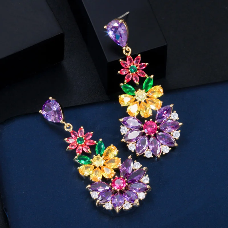 Pera Elegant Red Yellow Purple Cubic Zircon Gold Plated Long Big Flower Drop Dangle Earrings for Women Party Accessories E517