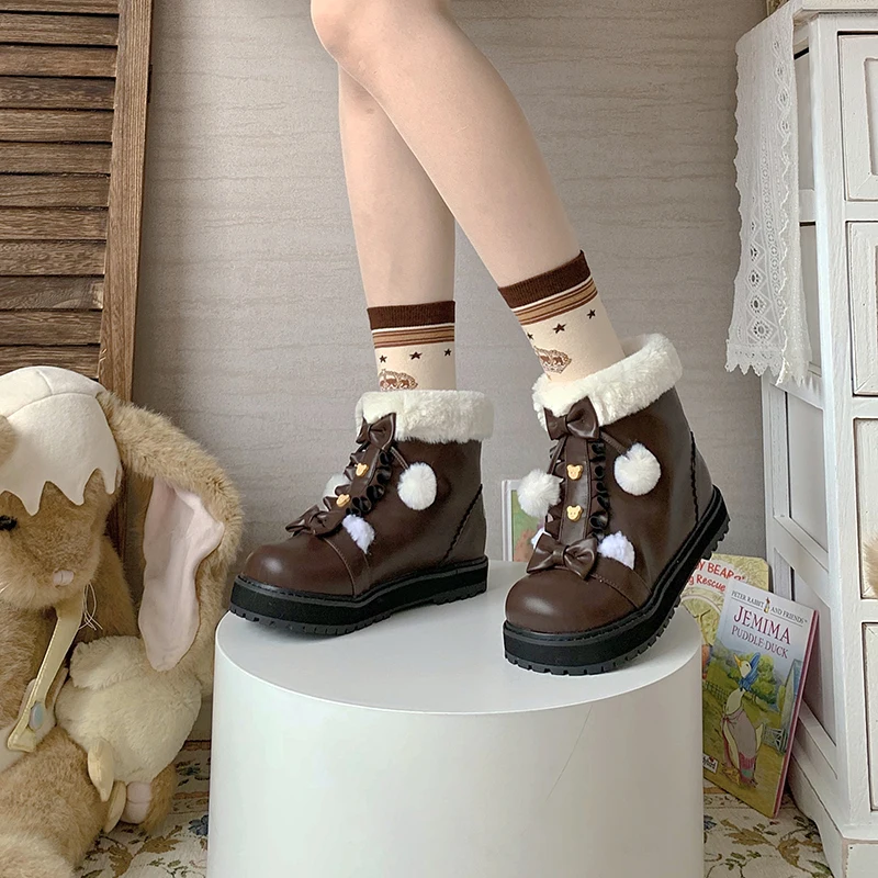 Mid Heel Platform Lolita Snow Boots Women Winter New Plush Bear Bowknot High Top Female Japanese Kawaii Lolita Ankle Boots