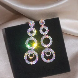 Luxury Full Crystal Big Circle Drop Earrings for Women Long Multicolored Rhinestone Dangle Earrings Bride Wedding Party Jewelry