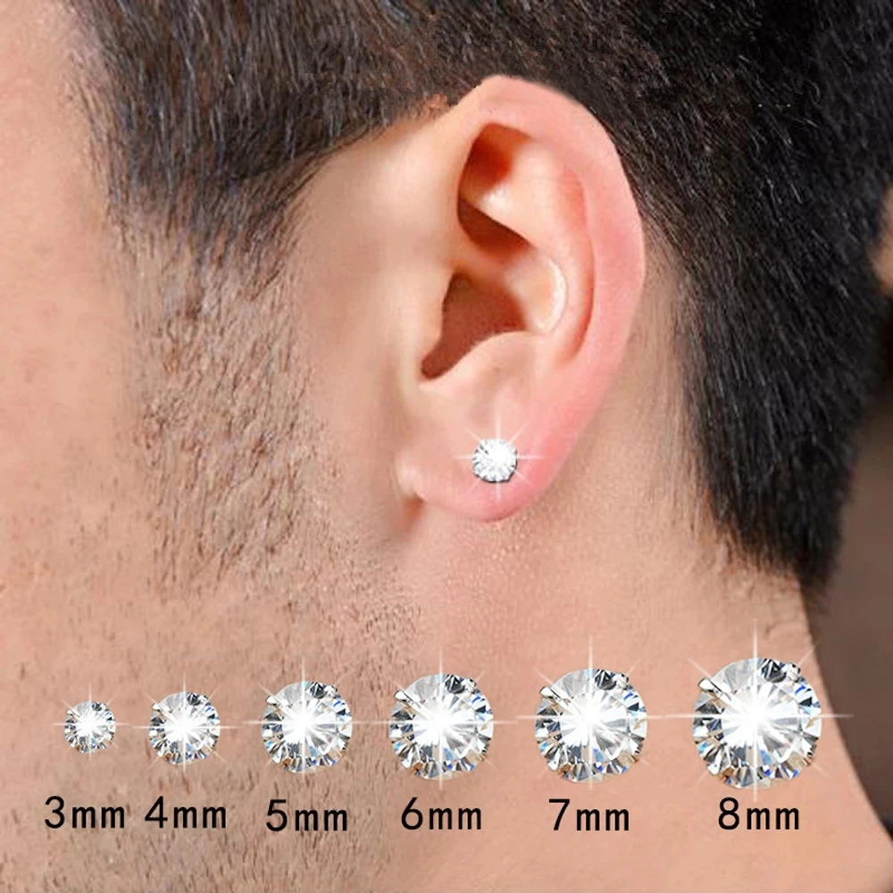 2PCS 3/4/5/6/7/8mm Zircon Stud Earring For Men Stainless Steel Women Crystal Earring Stud Boy Girls Mini Stud Earrings Piercing