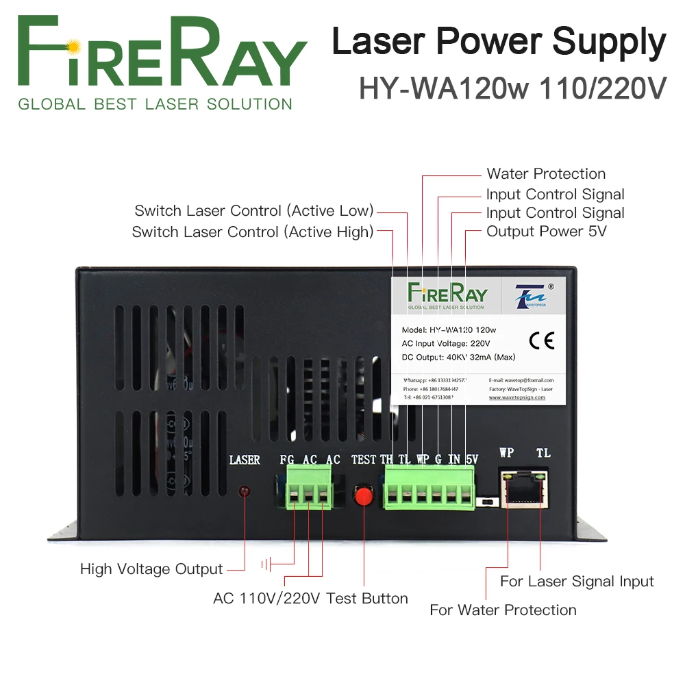 FireRay 120W Co2 Laser Power Supply HY-WA120 for CO2 Laser Engraving and Cutting Machine HY-T60 Series Long Warranty