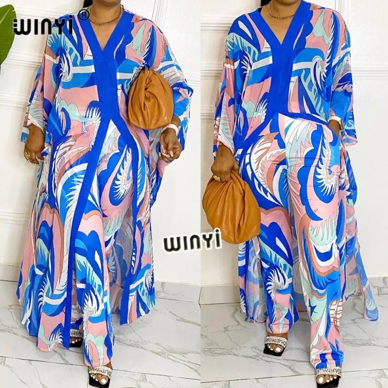 WINYItwo-piece suit Bohemian Printed Over Size V-neck Batwing Sleeve Star Dress Women Elastic Silk Floor Length New Fashion Tide